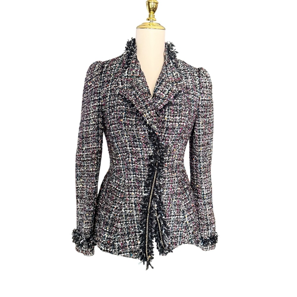 McGinn Nordstrom Metallic Tweed Fringe Asymmetrical Blazer Jacket Womens 4